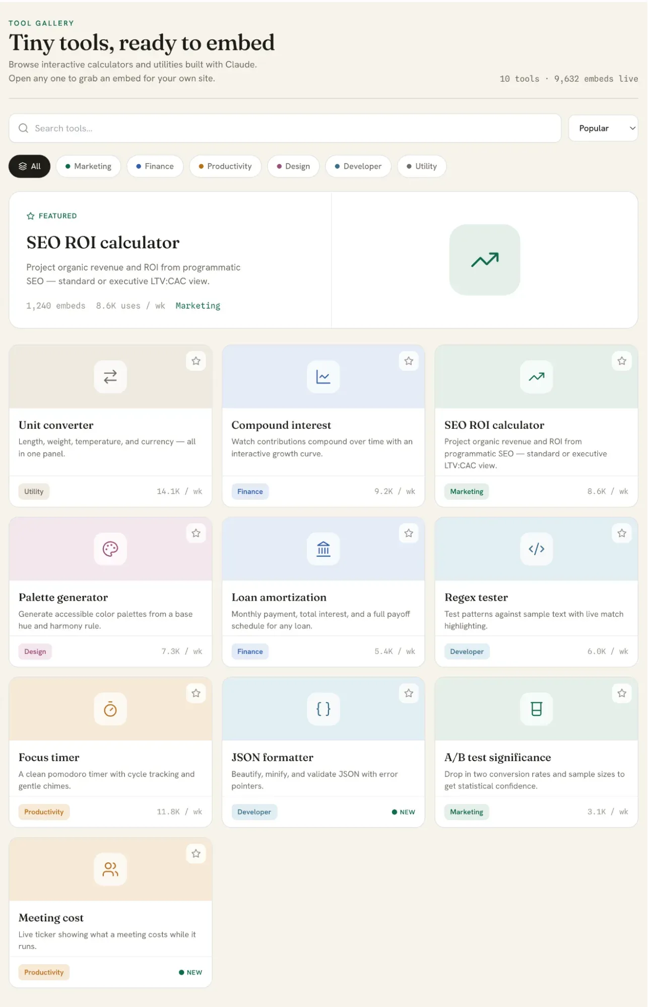 Mockup of an artifact gallery titled Tiny tools, ready to embed, with a grid of calculators and utilities built with Claude