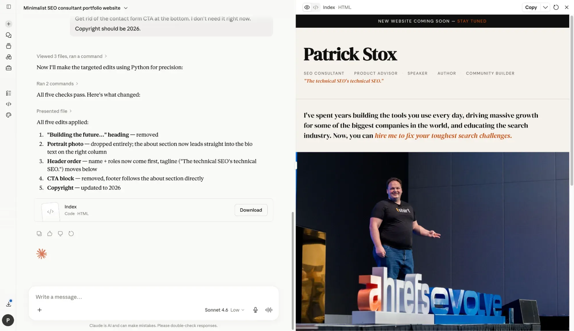 A screenshot of the Claude chat interface building this very article page, with edits being applied to the HTML