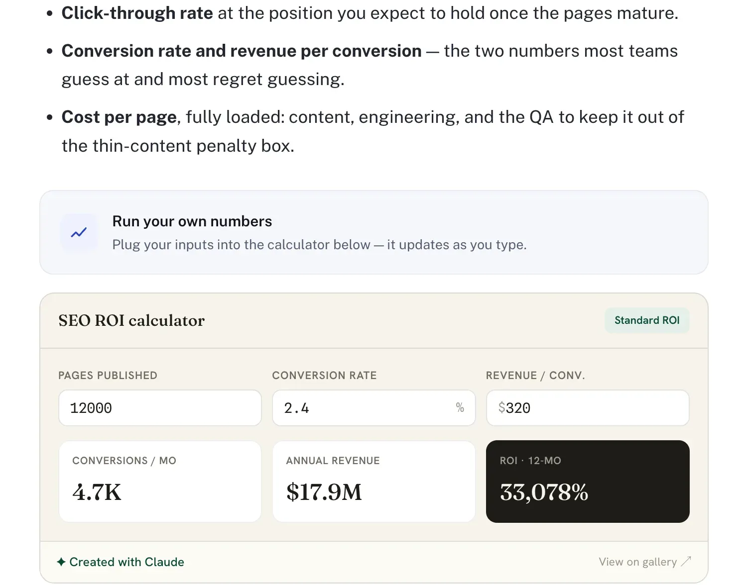 An SEO ROI calculator embedded inside an article, showing inputs and results with a Created with Claude link
