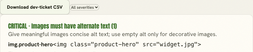 Missing alternate text finding for a product image.