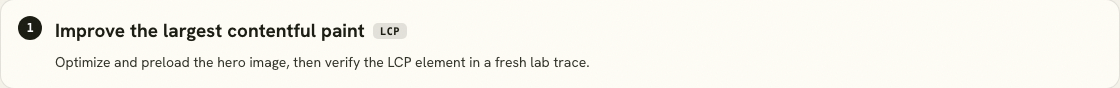 Core Web Vitals Checker finding that recommends optimizing and preloading the hero image, then verifying the LCP element in a fresh lab trace.