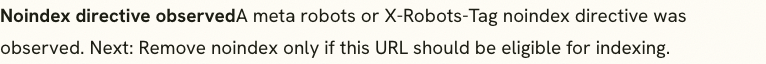 Google Index Checker finding that a noindex directive makes the tested URL ineligible for indexing.