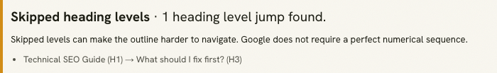 Heading Structure Checker finding an H1-to-H3 level jump while noting that Google does not require a perfect numerical sequence.