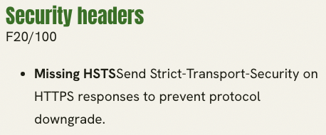 HTTP Header Checker report showing that the Strict-Transport-Security header is missing.