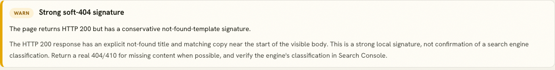 Render Gap Analyzer warning that a 200 response looks like a soft 404 because the rendered page has little useful content.