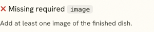 Rich-Result Eligibility Checker finding that a Recipe is missing its required image property.