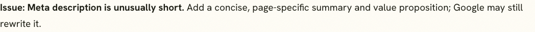 SERP Snippet & Truncation Checker finding that a meta description is unusually short.