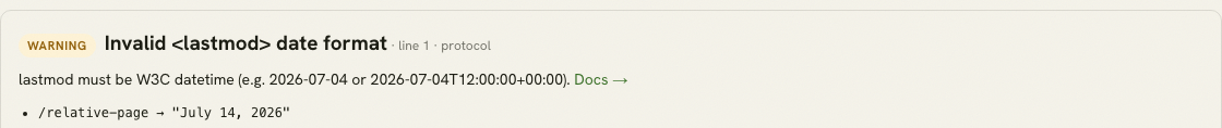 Invalid sitemap lastmod value and W3C datetime guidance.