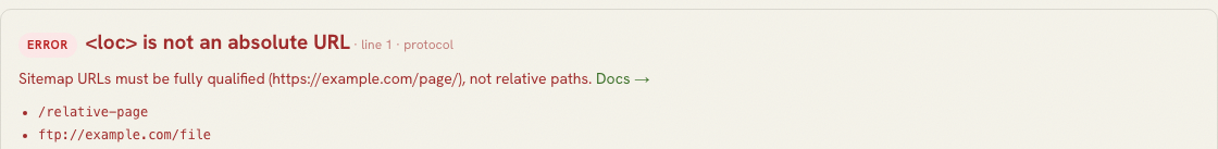 Sitemap loc is not an absolute URL error.