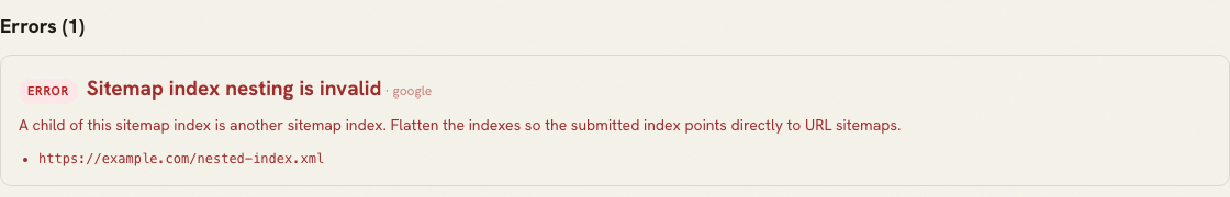 XML Sitemap Validator result reporting that a sitemap index contains another sitemap index.