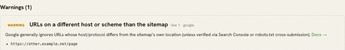 XML Sitemap Validator result reporting a URL that is on a different host from the sitemap.