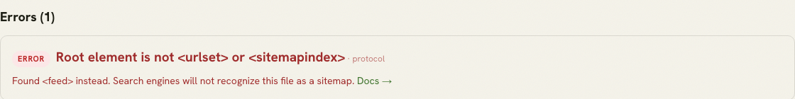 XML Sitemap Validator result reporting that the root element is feed instead of urlset or sitemapindex.