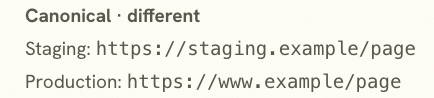 Staging versus production SEO diff showing different canonical URLs for the matched page.