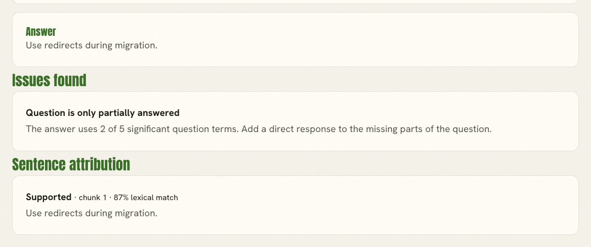AI Answer Preview result saying a migration answer uses only two of five significant question terms and answers the question only partially.
