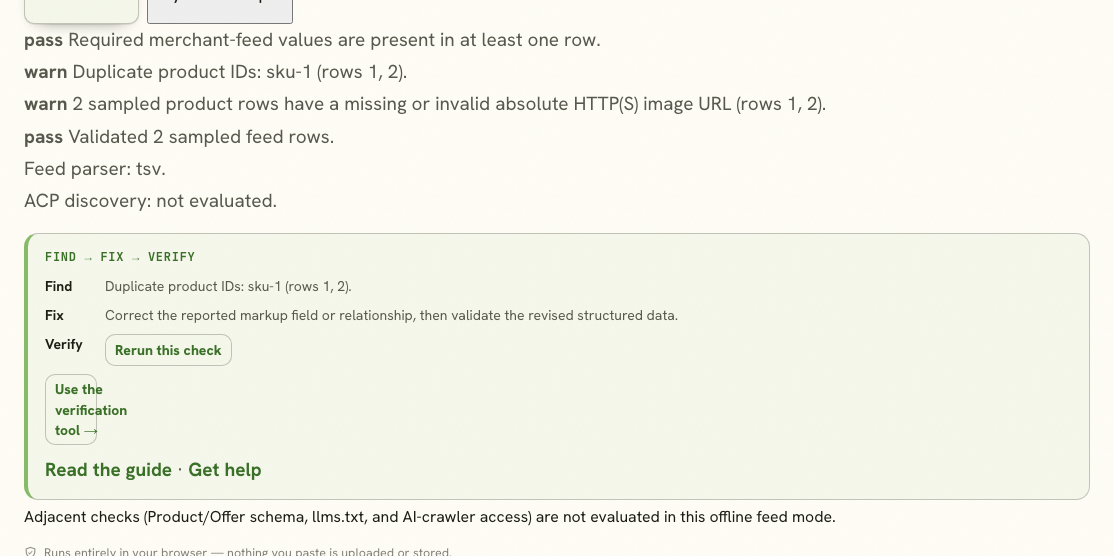 AI Commerce Validator warnings for a duplicate product ID and invalid image URLs in two sampled feed rows.