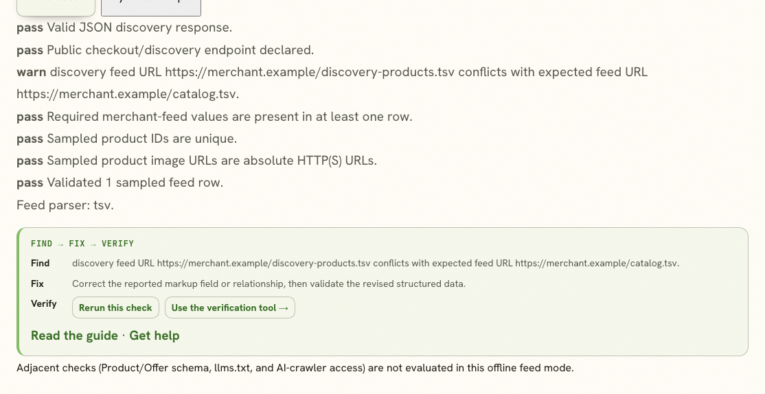 AI Commerce Validator warning about a discovery feed URL mismatch.