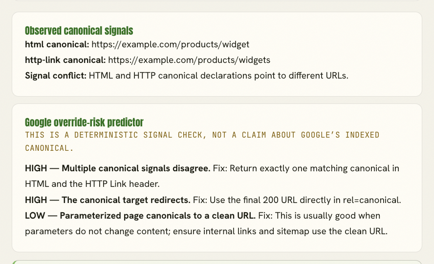 Canonicalization Checker showing conflicting HTML and HTTP Link canonicals and its deterministic override-risk assessment.