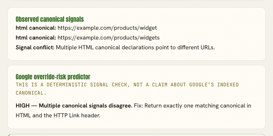 Canonicalization Checker result showing two HTML canonical declarations pointing to different product URLs.