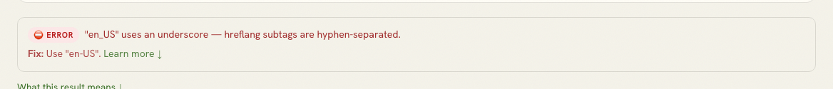 Invalid en_US hreflang syntax with an en-US correction.