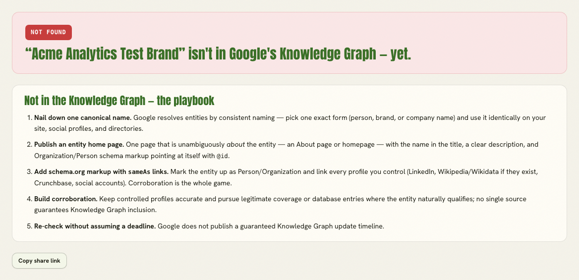 Google Knowledge Graph Explorer result stating that Acme Analytics Test Brand was not found and showing a five-step entity corroboration playbook.