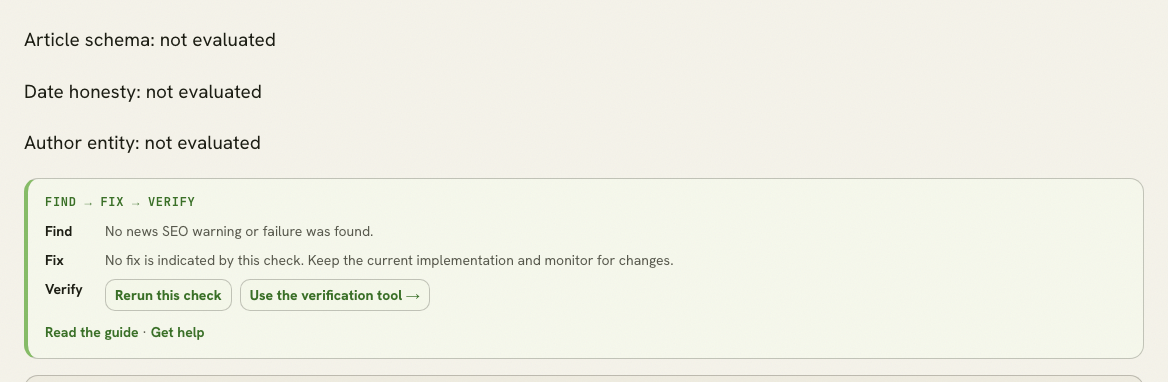 Missing article schema, date, and author signals.