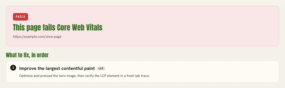 Core Web Vitals result prioritizing LCP.
