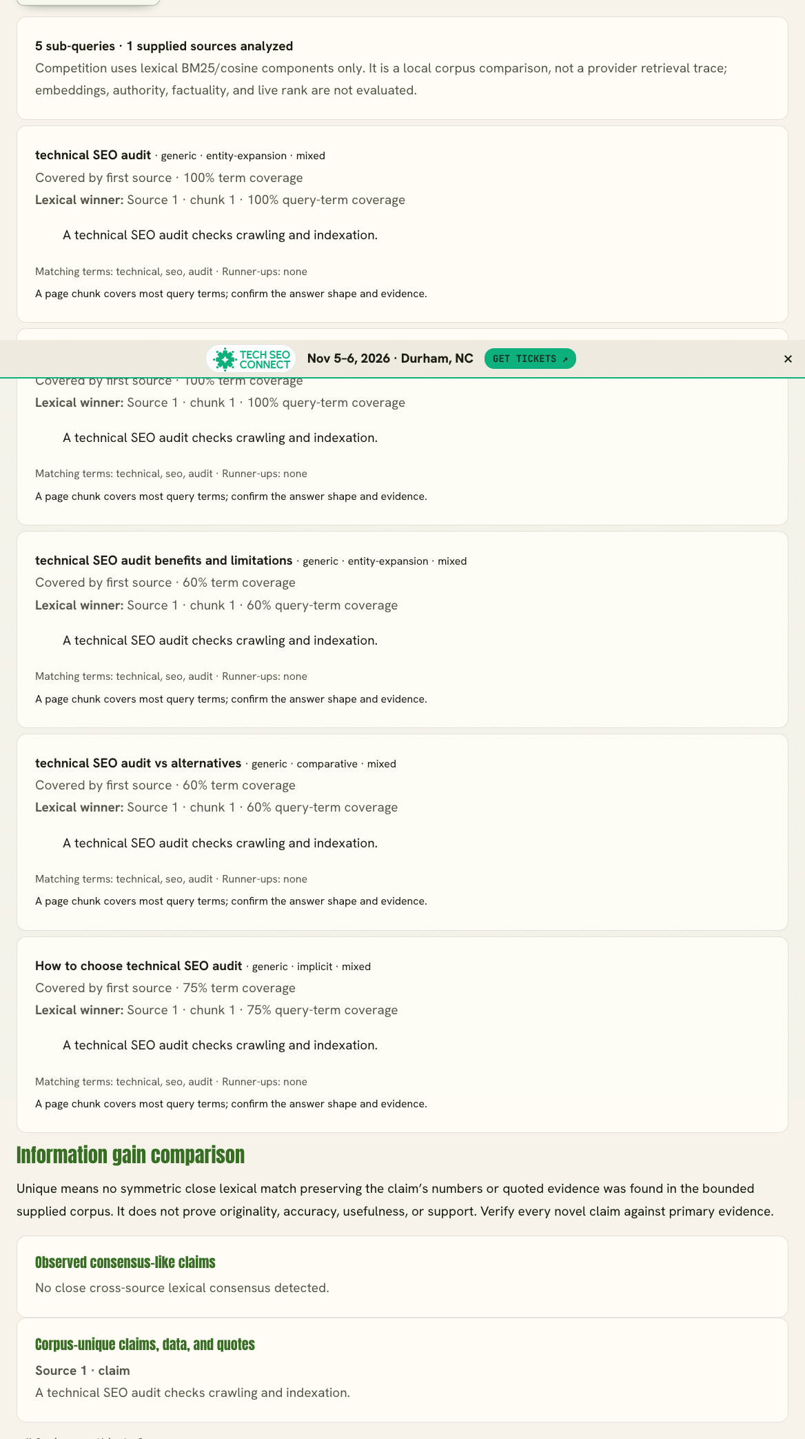 Query Fan-Out Simulator result listing five technical SEO audit sub-queries and their term-coverage percentages.