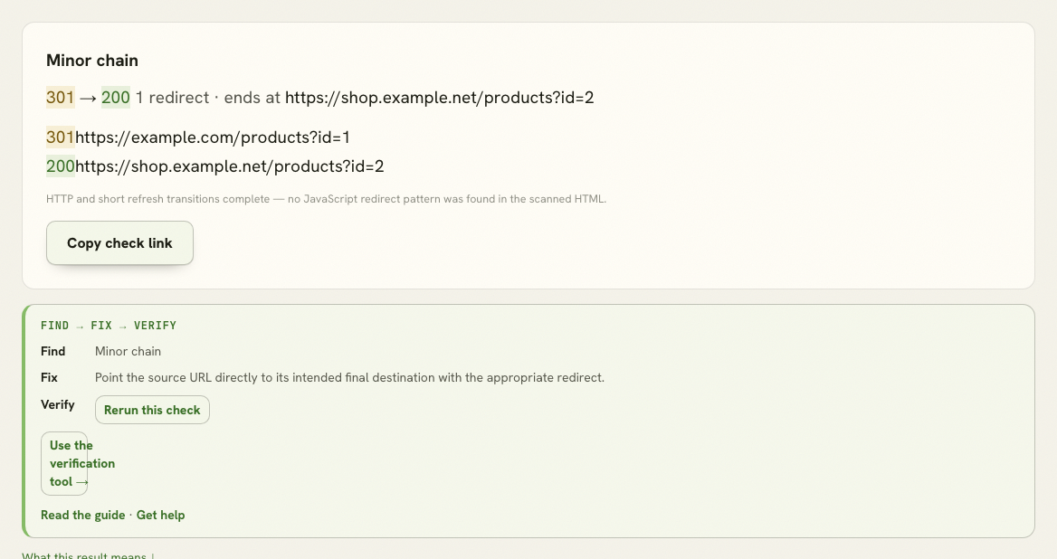 One-hop domain-change redirect result.