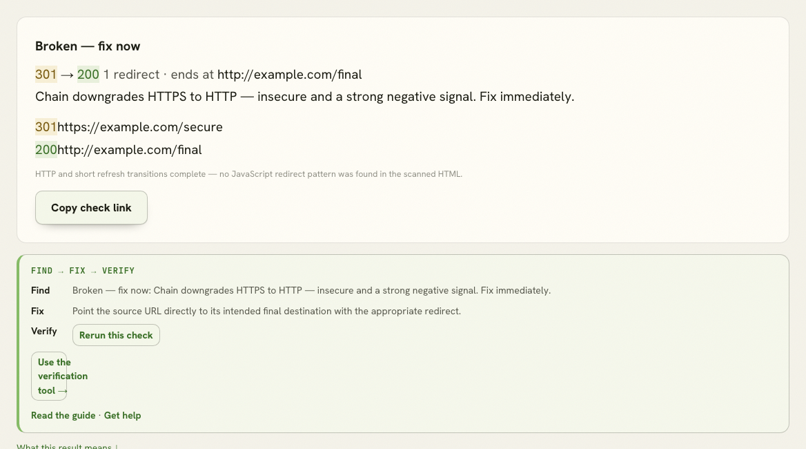 Redirect Checker showing an HTTPS URL whose redirect chain ends on an insecure HTTP destination.