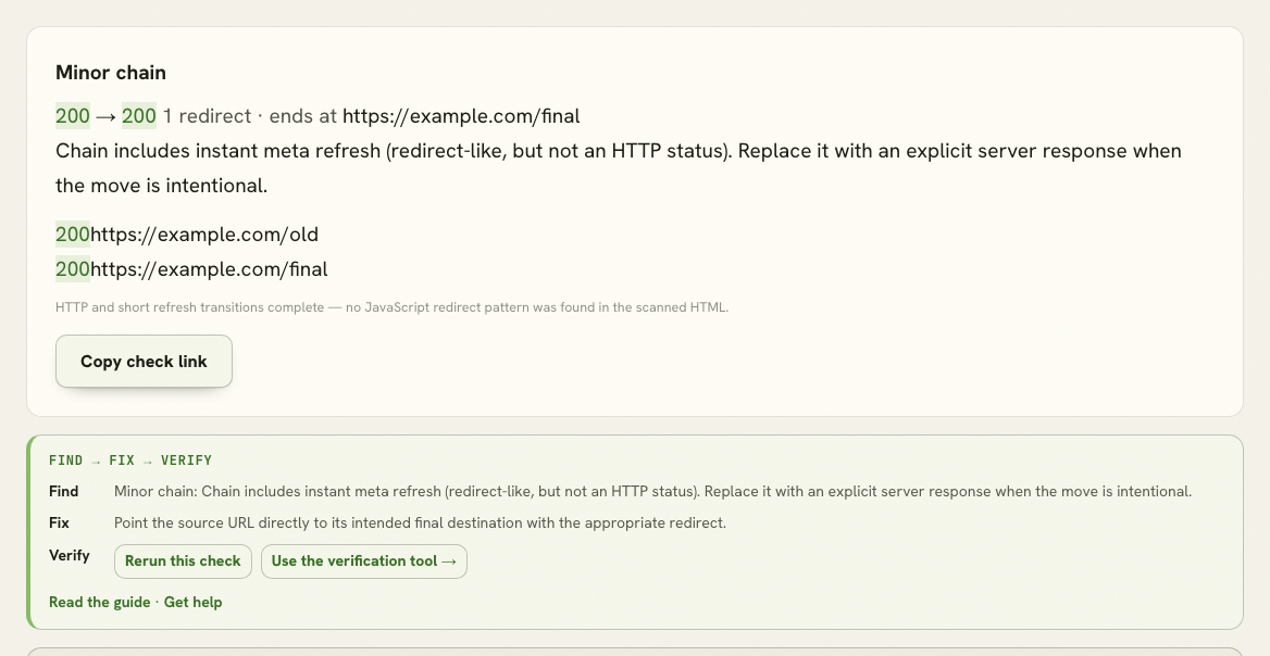 Meta-refresh transition detected by Redirect Checker.