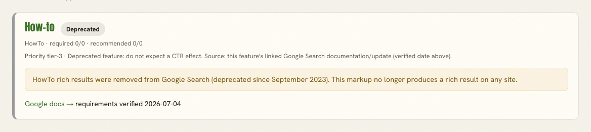Rich-Result Eligibility Checker result marking HowTo as deprecated and stating that it no longer produces a Google rich result.