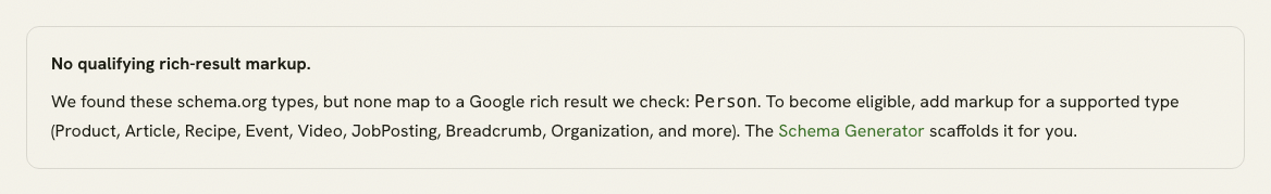 Rich-Result Eligibility Checker reporting that detected schema types do not qualify for a supported Google rich result.