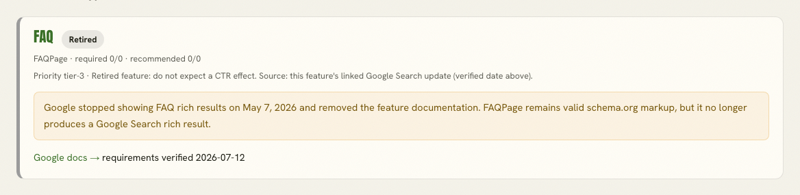 Rich-Result Eligibility Checker result marking FAQ as retired while explaining that FAQPage remains valid schema.org markup.