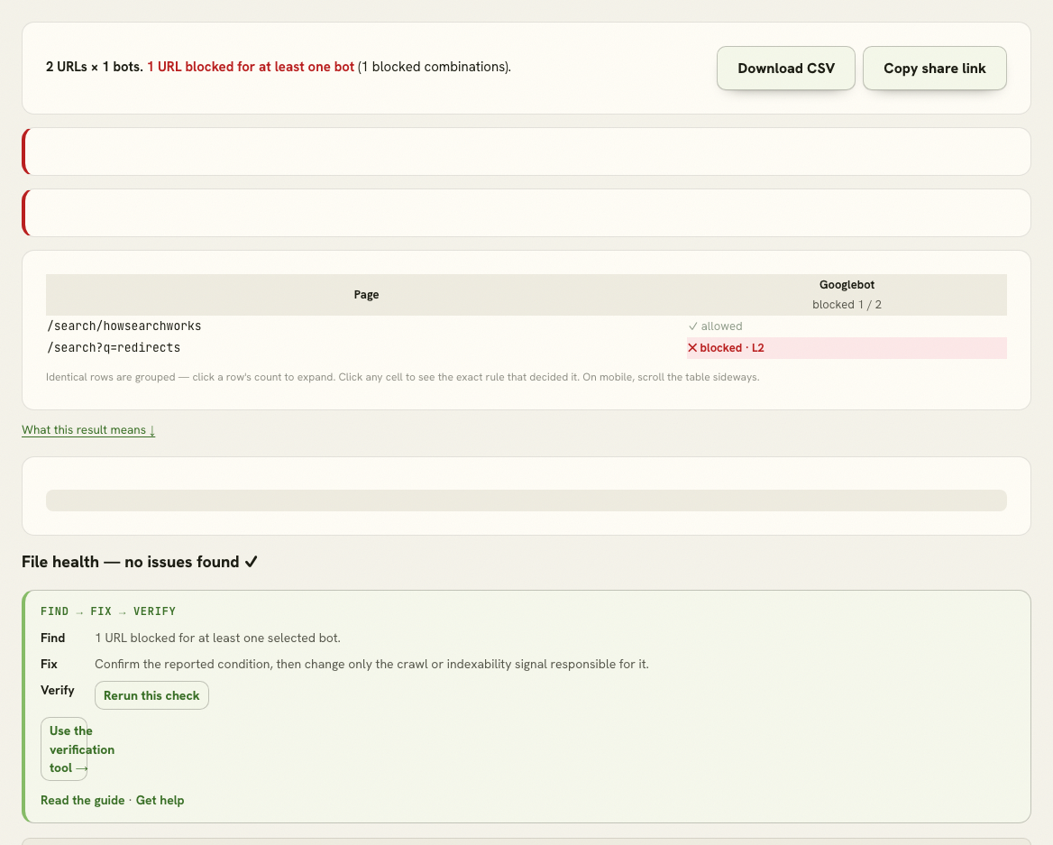 Robots.txt Tester result showing one URL allowed and one URL blocked for Googlebot by line 2.
