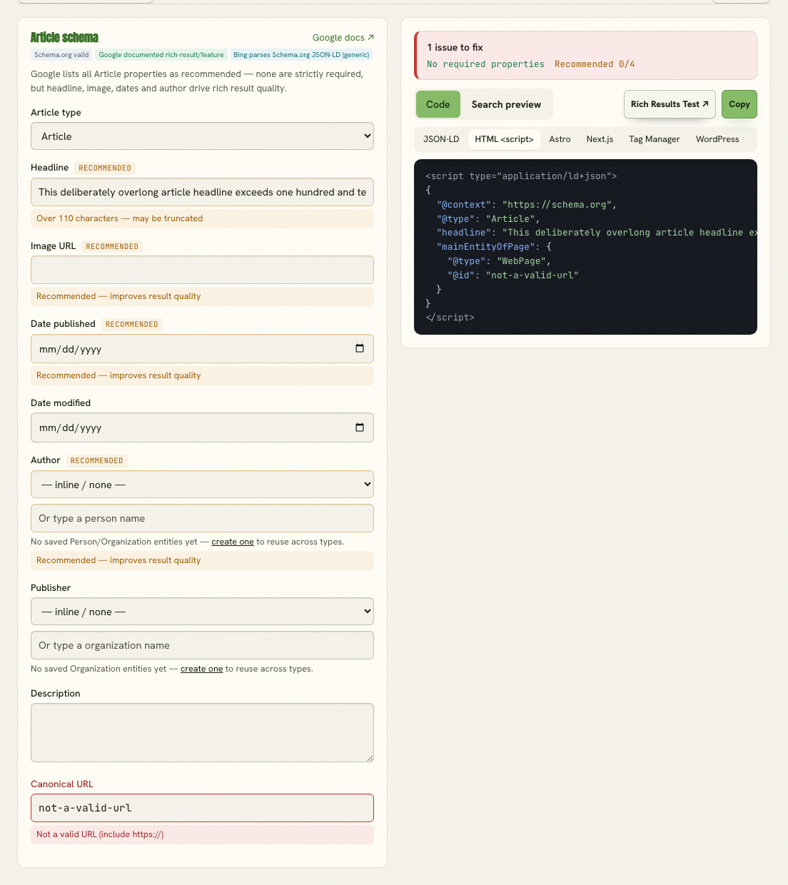 Schema Markup Generator showing Article fields with an overlong headline, missing recommended values, and an invalid canonical URL.