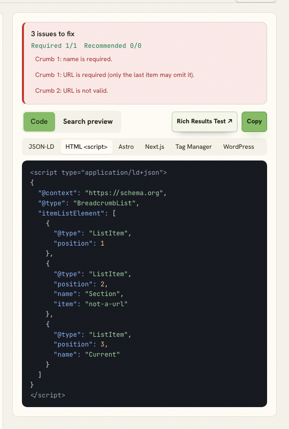 BreadcrumbList validation errors.