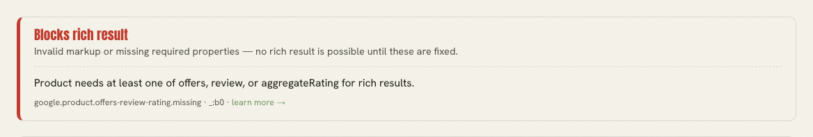 Schema Markup Validator result stating that a Product needs offers, review, or aggregateRating to qualify for a rich result.