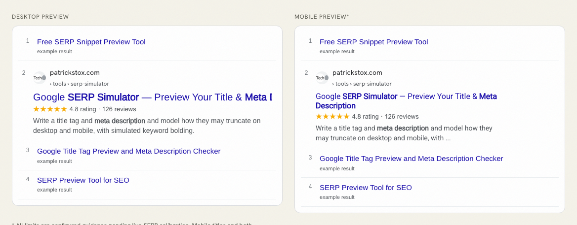 Google SERP Simulator result showing a title that exceeds the desktop width target.