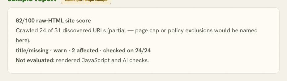 Scout Site Audit Free sample with crawl coverage, missing-title warnings, and unevaluated checks.