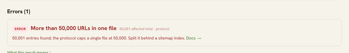 XML Sitemap Validator result reporting that a sitemap contains more than 50,000 URLs.