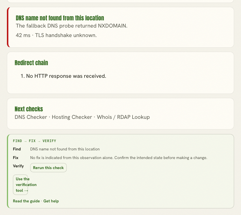 Website Down Checker DNS failure trace.