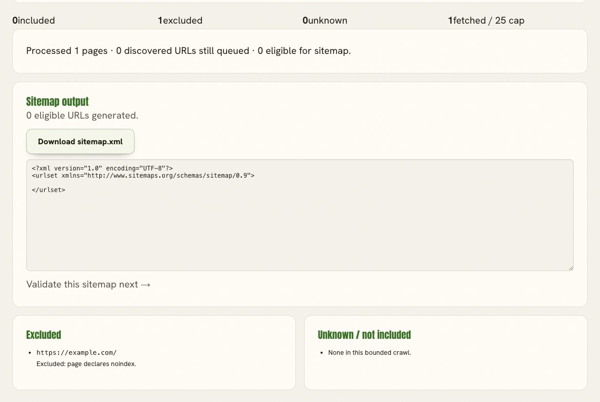 XML Sitemap Generator excluding a noindexed URL from the output.